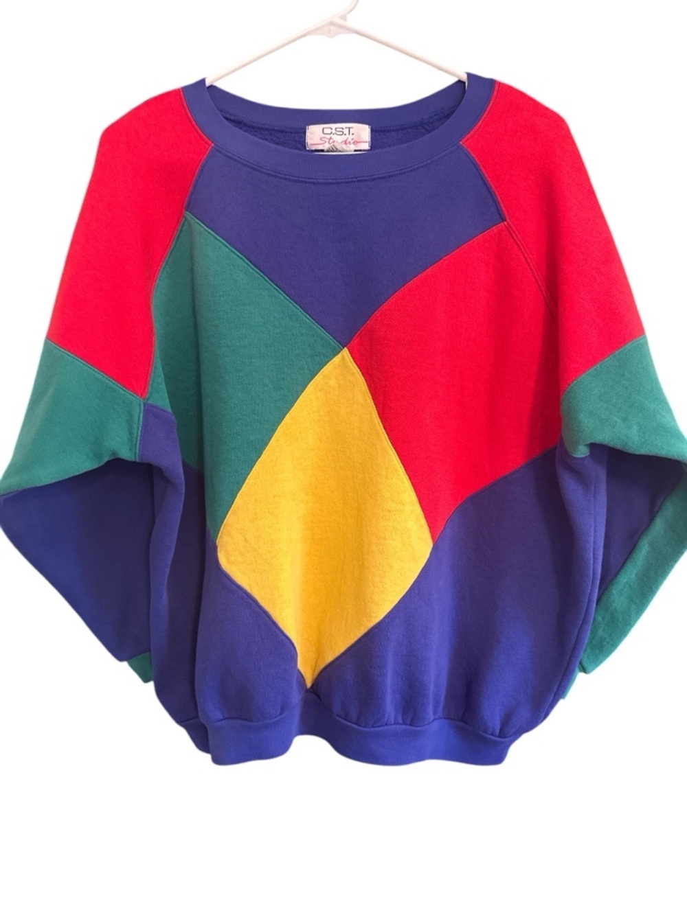 C.S.T. Studio Women Colorblock Red Purple Yellow Crewneck Sweatshirt VTG SzLG/40